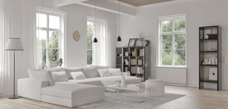 salon loft moderne avec radiateur design qui s'intègre parfaitement à la décoration intérieur